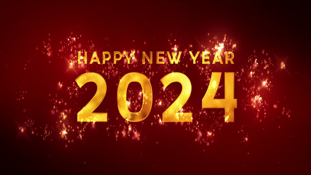 祝2024年新年快乐，红色背景上的金色文字。粒子和闪闪发光的星星。新年概念。动画假期社会邮政数字卡。视频素材