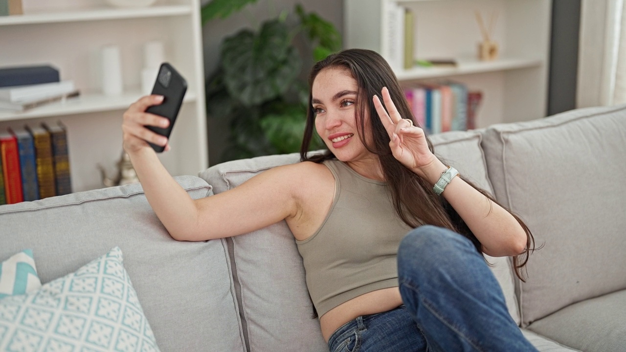 年轻美丽的西班牙女子坐在家里的沙发上用智能手机自拍视频素材