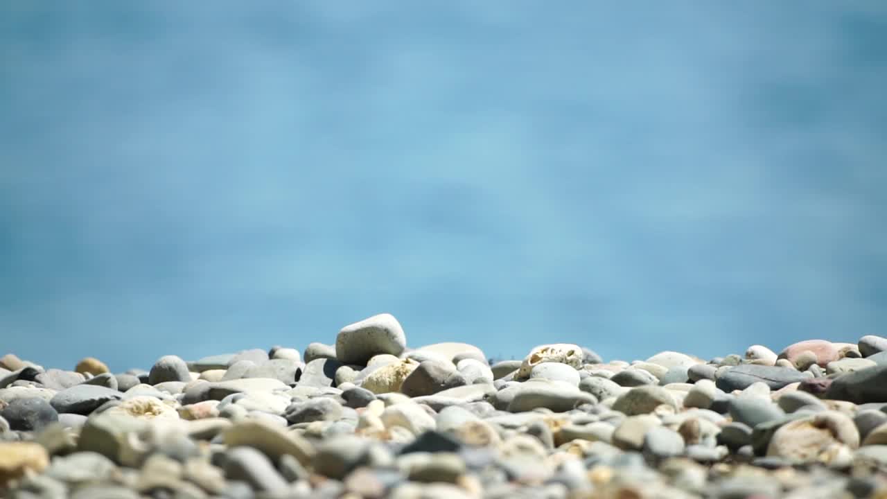 卵石滩由海洋海水。靠近海滩上的鹅卵石聚焦和模糊的大海背景。抽象的海景炎热的夏天自然景观与散景。没有人。慢动作视频素材