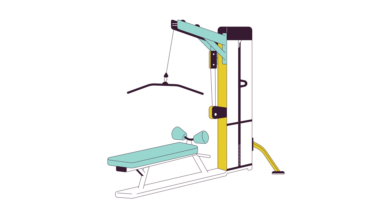 拉下机在动作线中的二维物体动画。力量举重。体育健身器材平面彩色卡通4K视频，alpha通道。下拉重量机器动画项目在白色背景视频素材