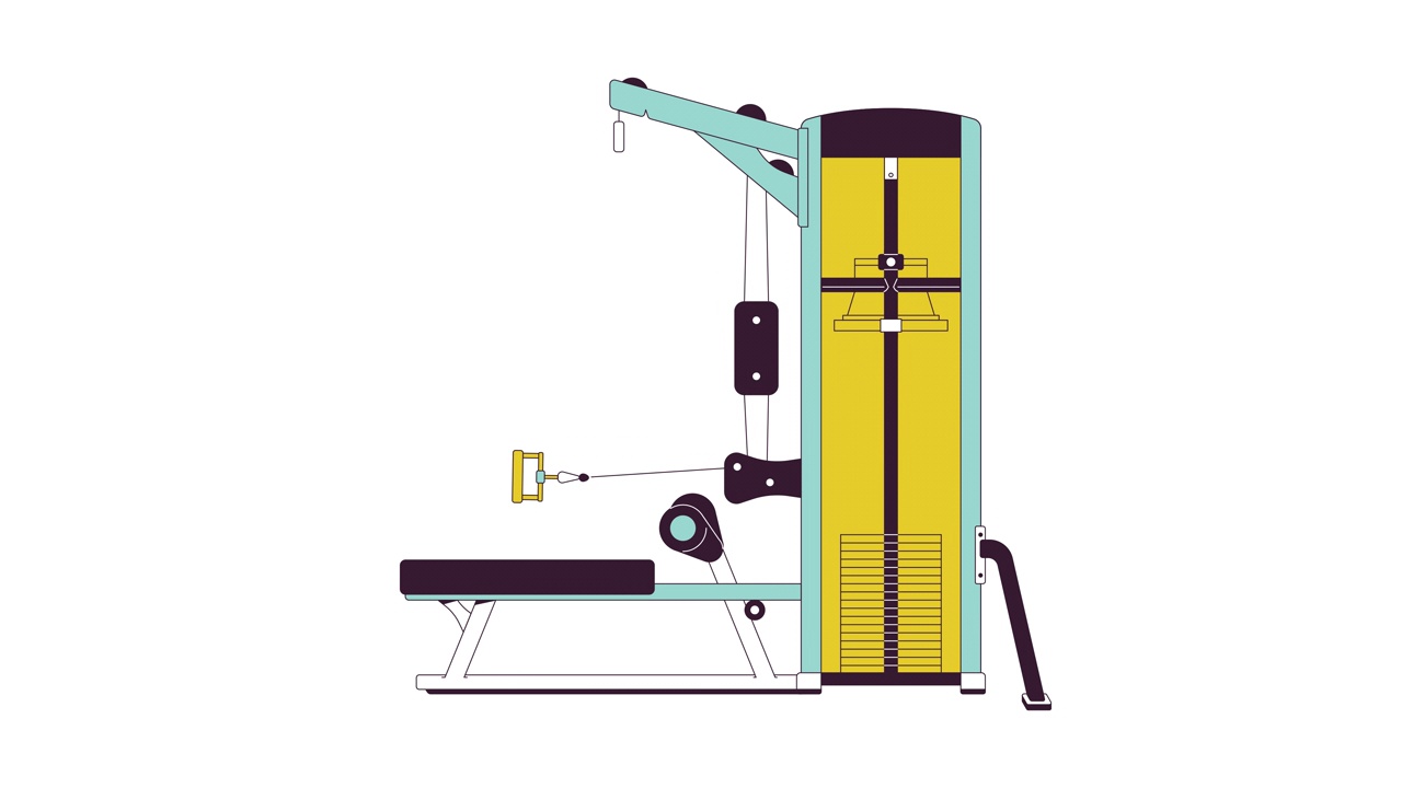 坐姿电缆排机在动作线2D对象动画。健身器材平面彩色卡通4K视频，alpha频道。体育锻炼。关闭控制。白色背景上的拉重动画项目视频素材