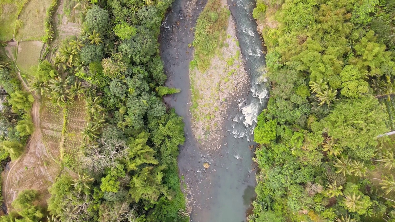 无人机拍摄的岩石河流，中间有一小块陆地。树木和种植园在一边- 4K鸟瞰图视频素材