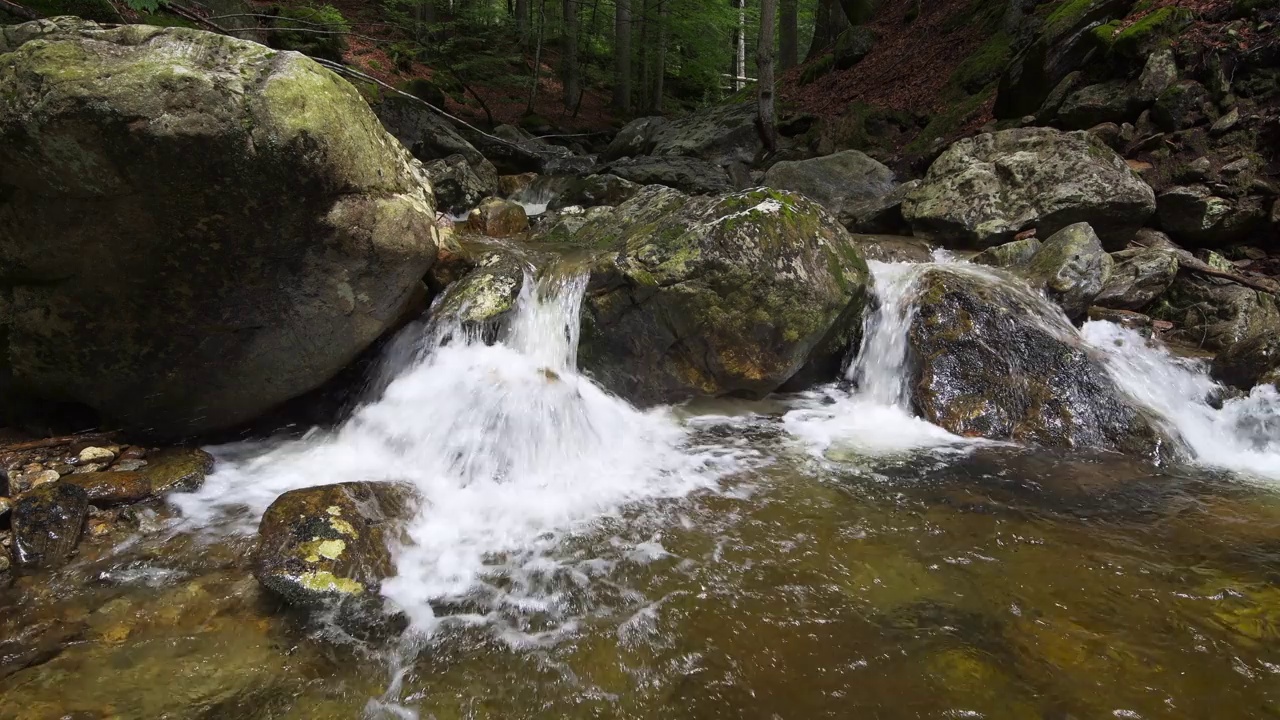 Riesbach河在Rißloch自然保护区。Riesbach, Rißloch, Bodenmais，巴伐利亚森林，下巴伐利亚，下巴伐利亚，巴伐利亚，德国，欧洲。视频下载