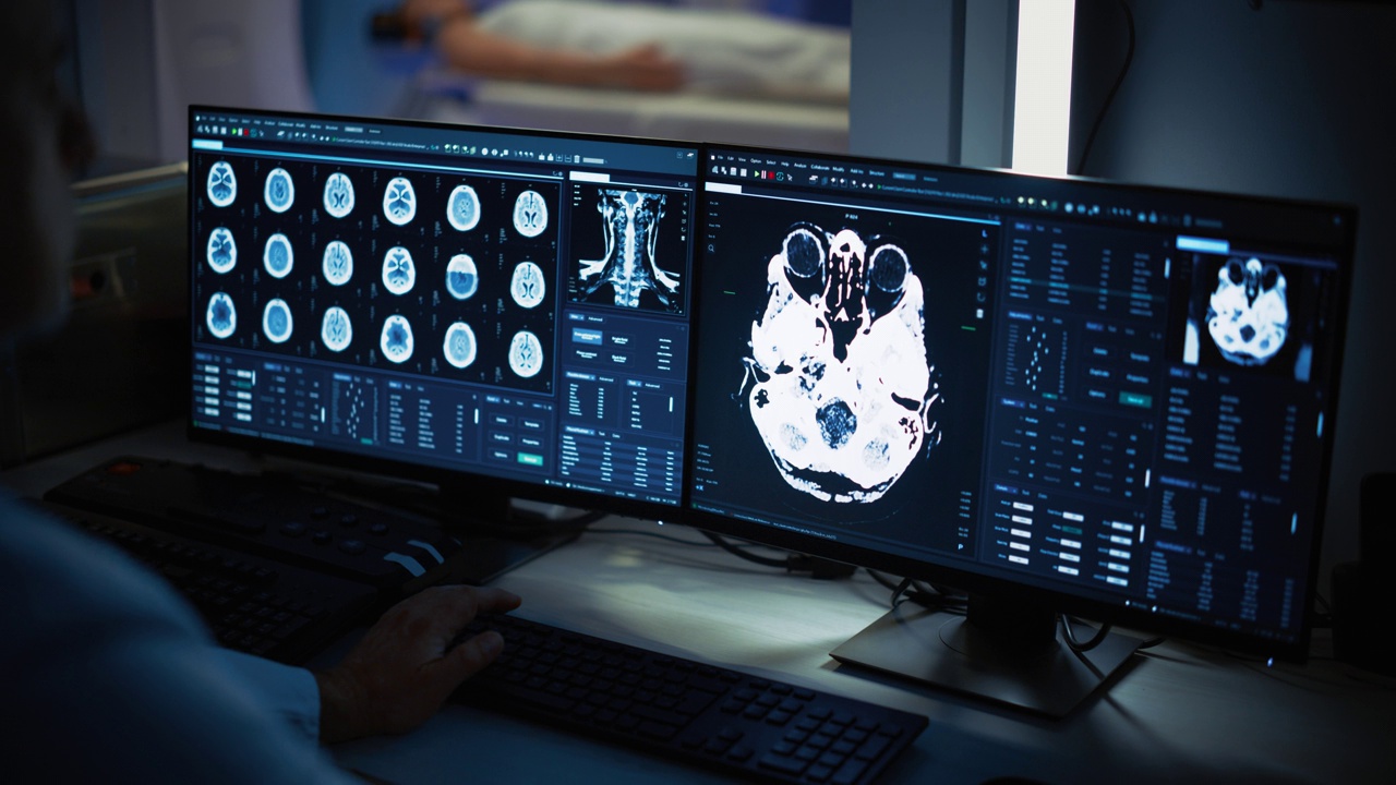 在医学实验室中，病人接受MRI或CT扫描过程，在控制室中，医生观察过程并监测脑部扫描结果。拥有高科技设备的医疗机构视频素材