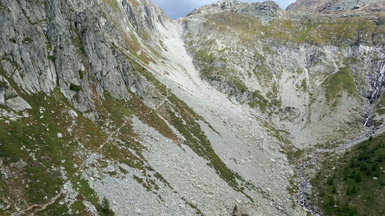 瑞士阿尔卑斯山脉的岩石、山脉和溪流。空中拍摄视频素材