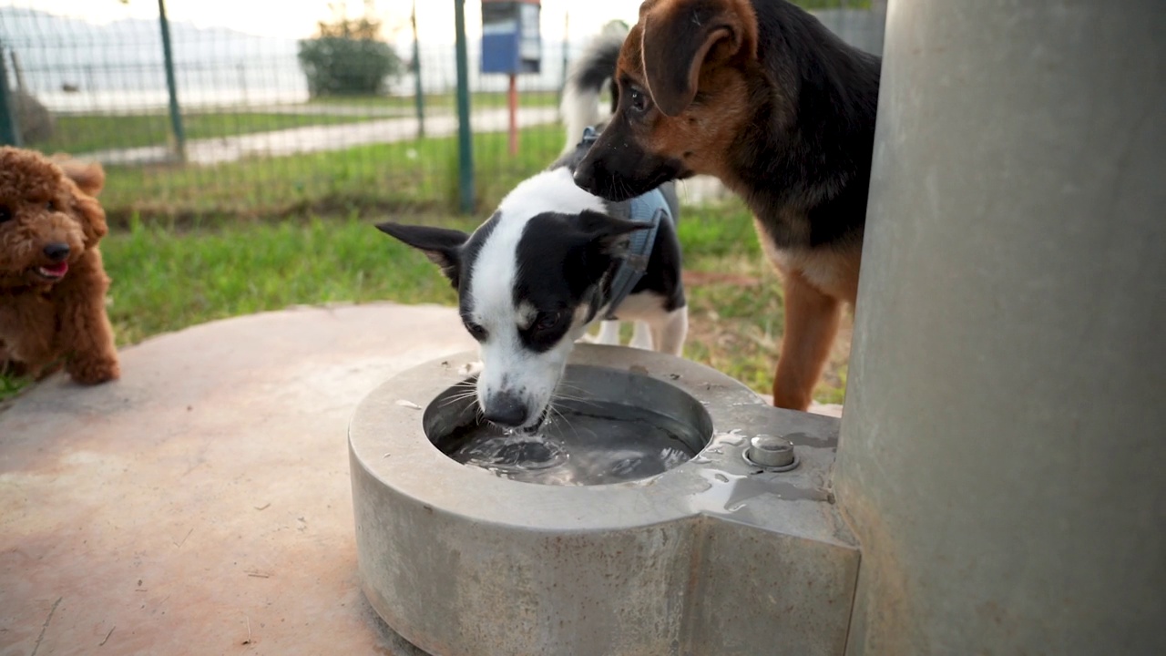 小狗在狗狗操场上从水碗里喝水视频素材