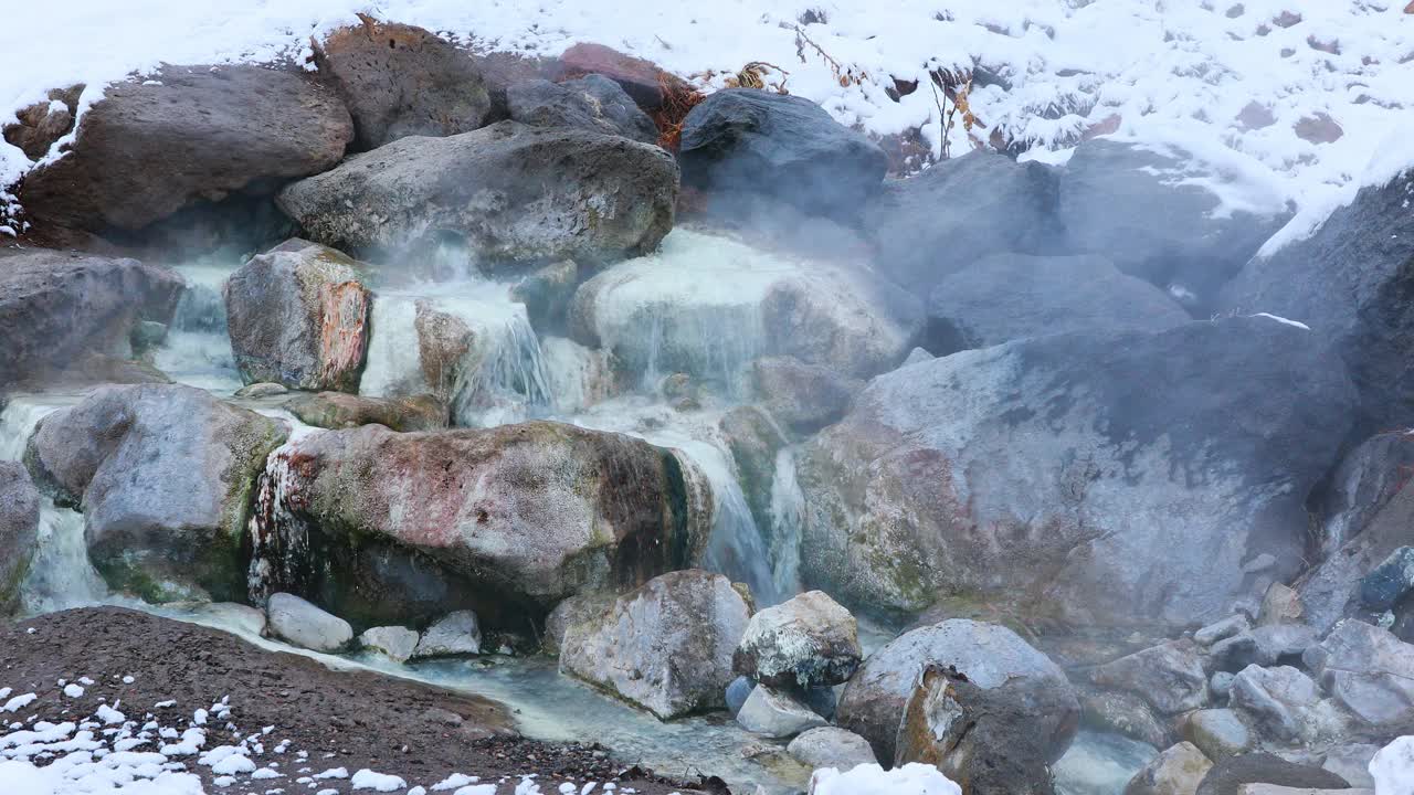 固定的自然场景，水流入热气腾腾的天然温泉被雪包围在科罗拉多州的山区视频素材