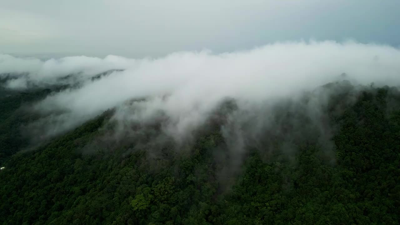 鸟瞰图泰国普吉岛周围的绿色山上笼罩着白雾。视频素材