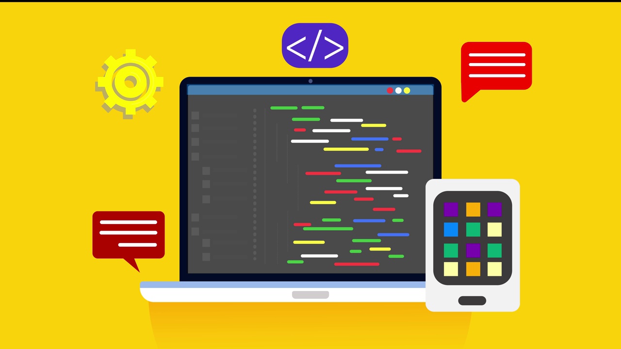 笔记本电脑屏幕设计动画编程代码。现代PC上的网站开发与编程软件界面。4K演示视频视频素材