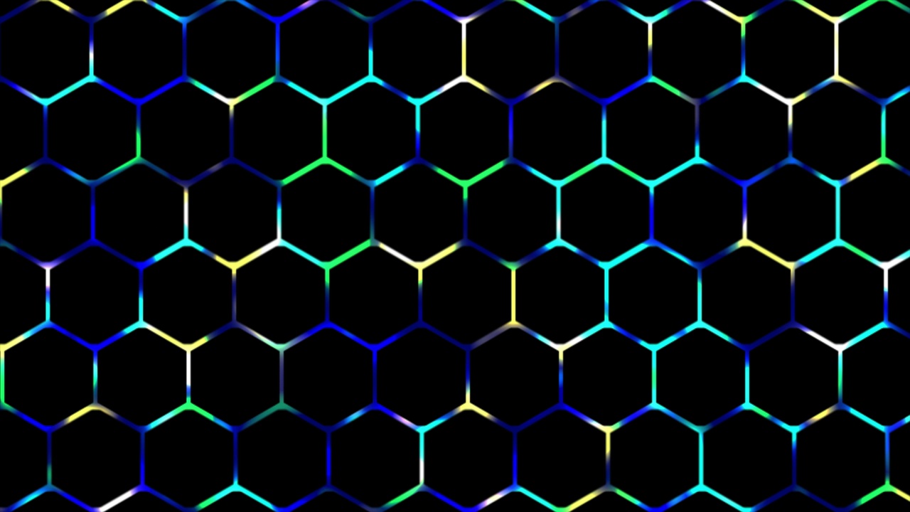 彩色2D发光数字技术六边形网格背景，发光霓虹灯游戏背景视频素材