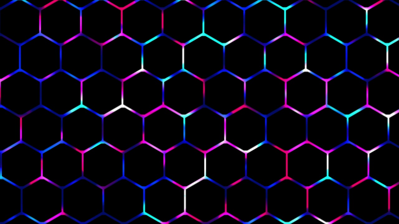 彩色2D发光数字技术六边形网格背景，发光霓虹灯游戏背景视频素材