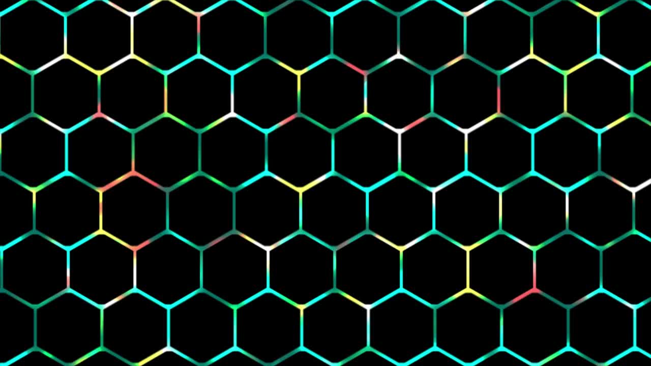 彩色2D发光数字技术六边形网格背景，发光霓虹灯游戏背景视频素材