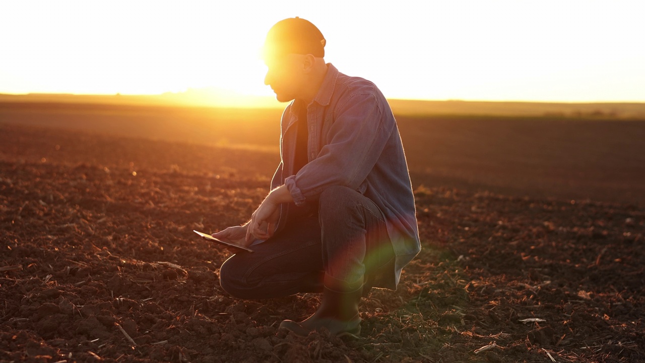 农学家在农田上播种前摸土检验和测试耕地，并在日落时将结果输入数码板。智能农业技术和有机农业。视频素材