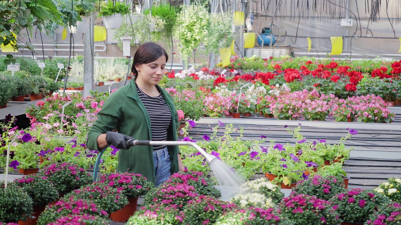 漂亮女人园丁花师照顾各种花卉植物，专业浇灌和喷洒温室花卉，园艺概念视频素材