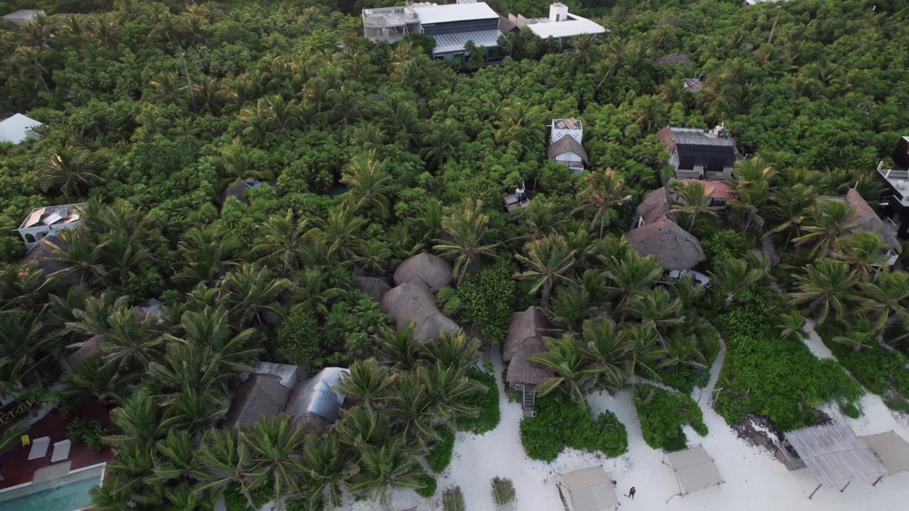 空中俯瞰轨道拍摄的小屋和小屋周围的棕榈树前的白色沙滩与清澈的海水，墨西哥图卢姆视频素材