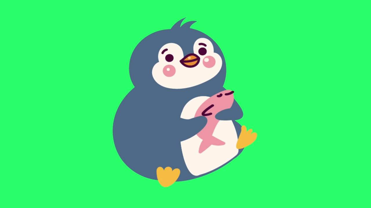 动画可爱的企鹅活动孤立的绿色背景。视频素材