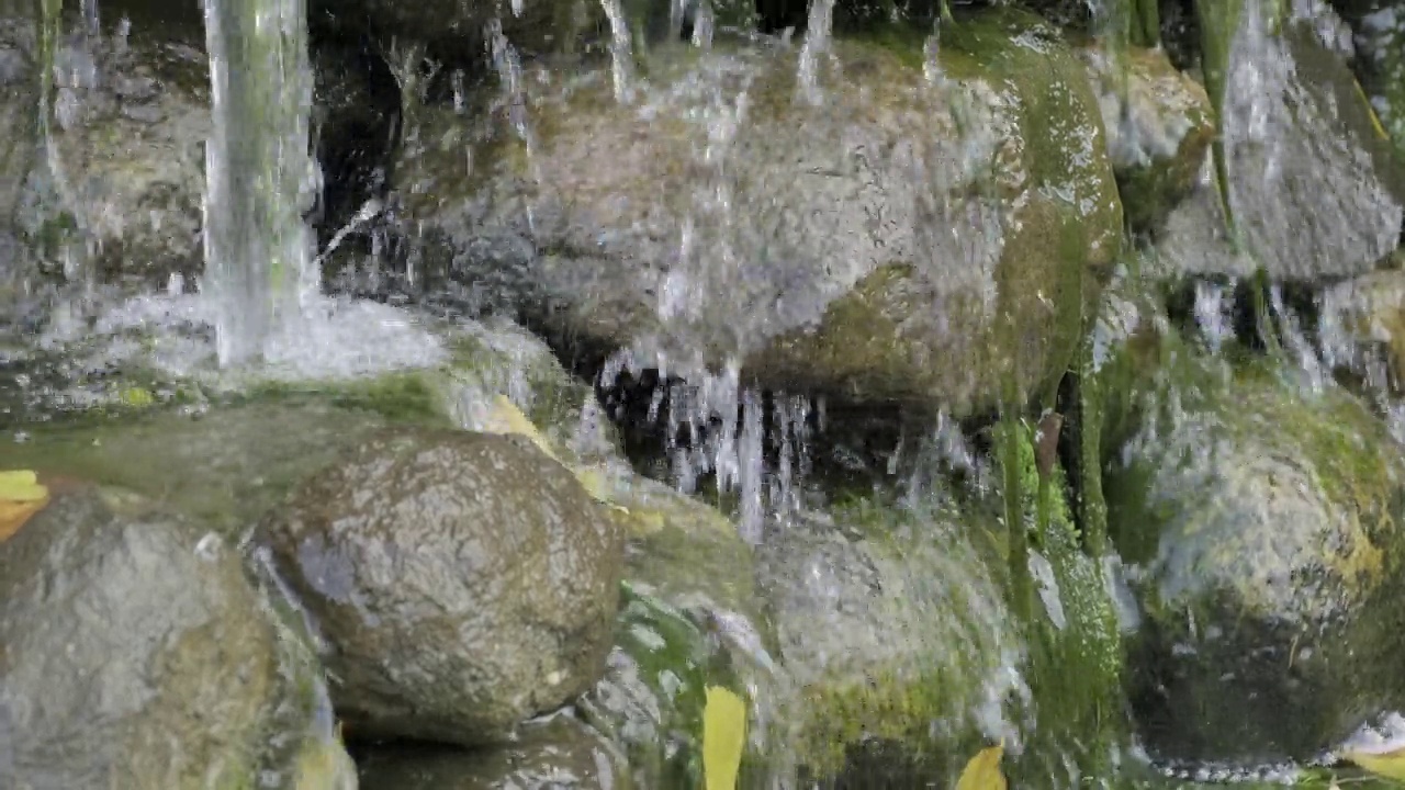 水流，潮湿的苔藓岩石，小瀑布视频素材