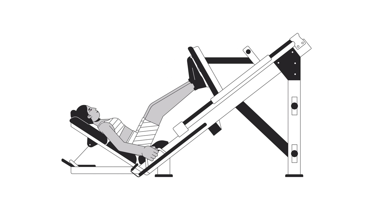 女人弯曲膝盖上的腿压机bw轮廓卡通动画视频素材