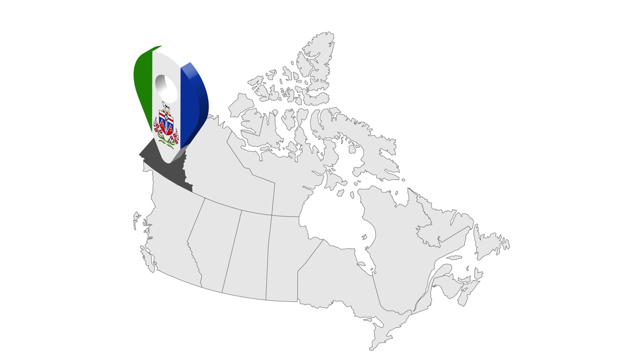 位置育空在地图上加拿大。3d育空旗地图标记位置针。加拿大地图显示不同的部分。动画地图各省和地区的加拿大。4K。视频视频素材