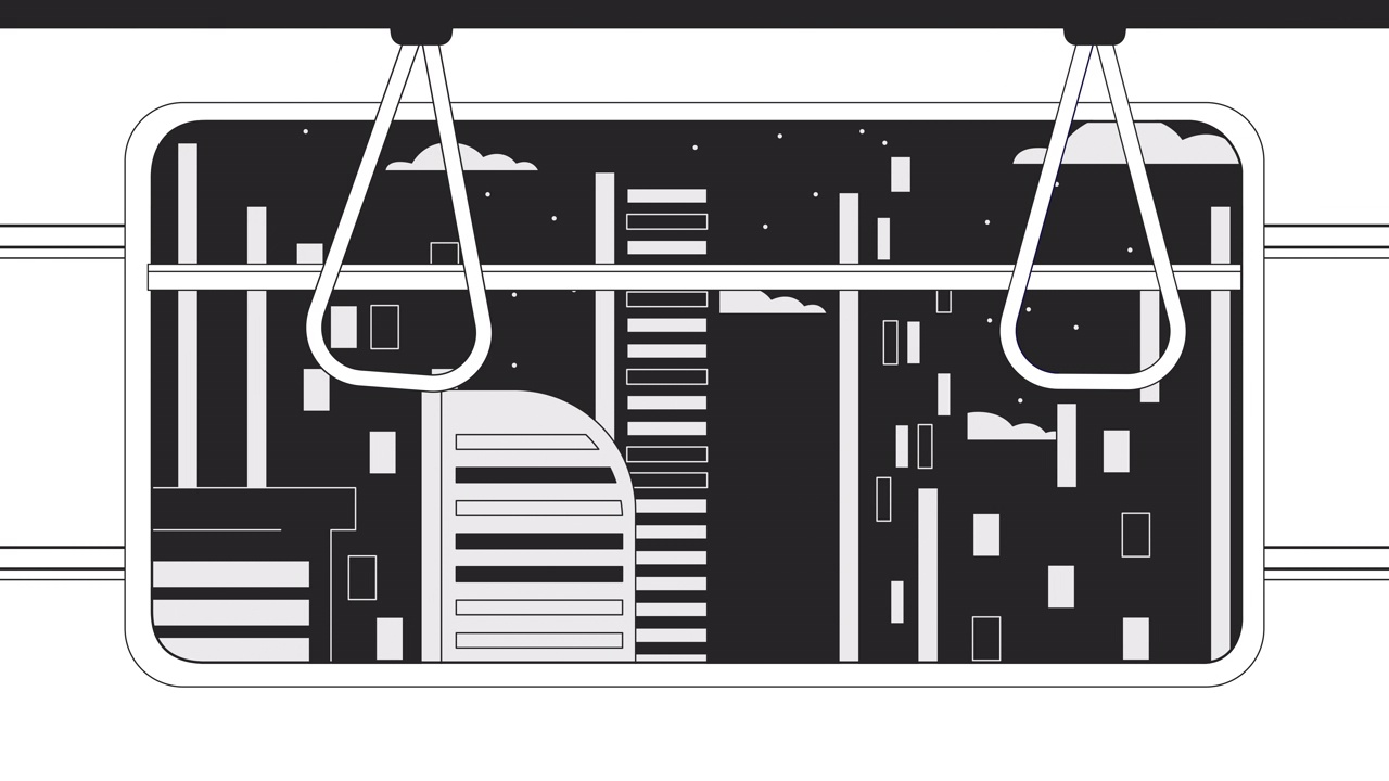 地铁车厢内的车窗外画着卡通动画视频素材