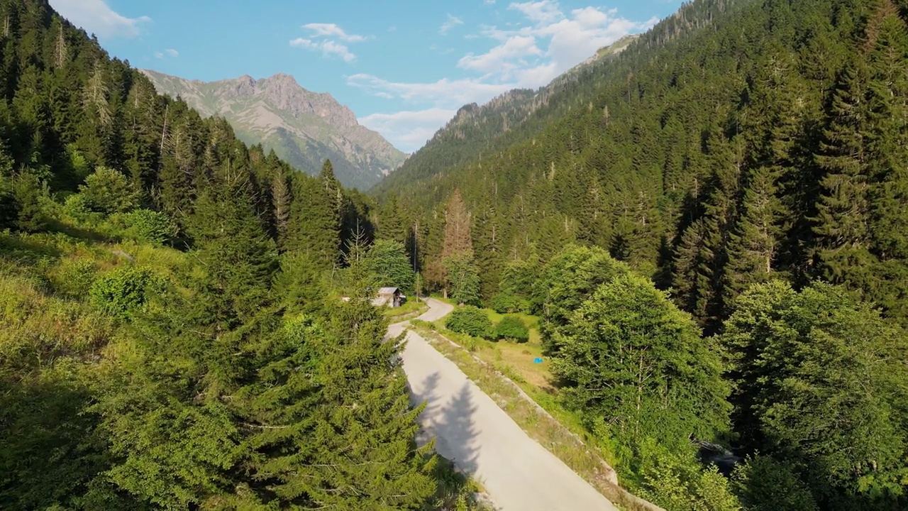 山路。从空中俯瞰穿过森林的道路。无人机拍摄的通往Kackar山的道路视频素材