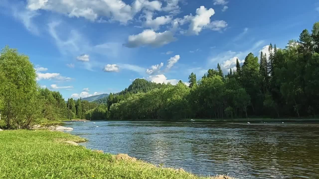 山河在野外。流过巨石的清流。风景如画的河山美景。视频下载