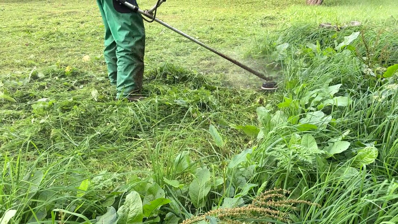 园丁修剪杂草。剪草机和割草机。草坪养护服务。视频素材