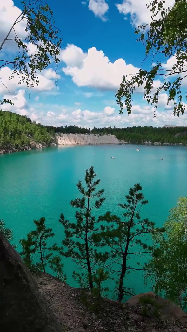 湖景有绿松石水，夏日阳光明媚。垂直视频视频素材