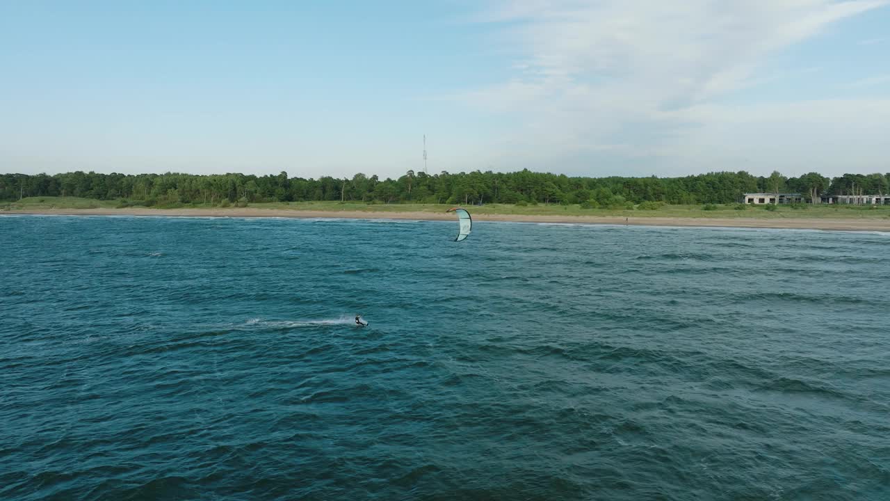 建立鸟瞰图，一群人从事风筝冲浪，阳光明媚的夏日，高浪，极限运动，波罗的海卡罗斯塔海滩(利耶帕亚)，宽无人机拍摄移动右视频素材