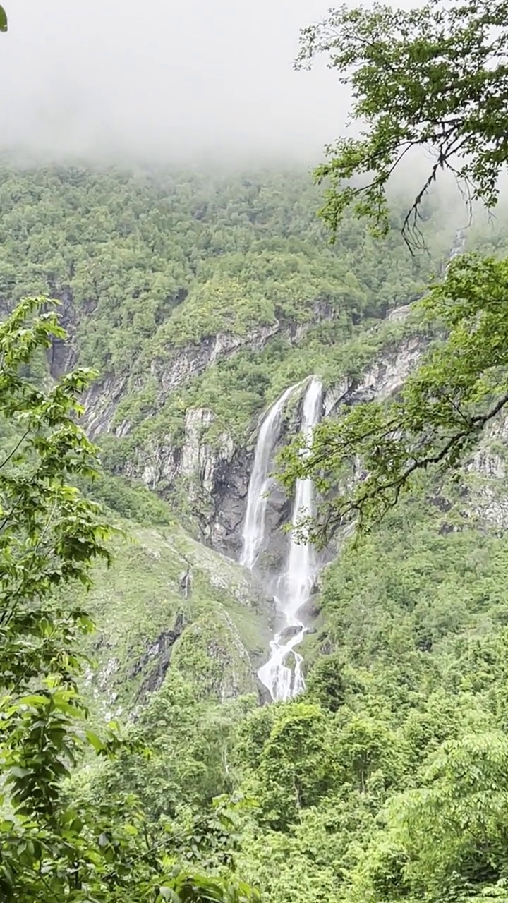 在阳光明媚的夏日漫步在山间，欣赏瀑布。视频下载