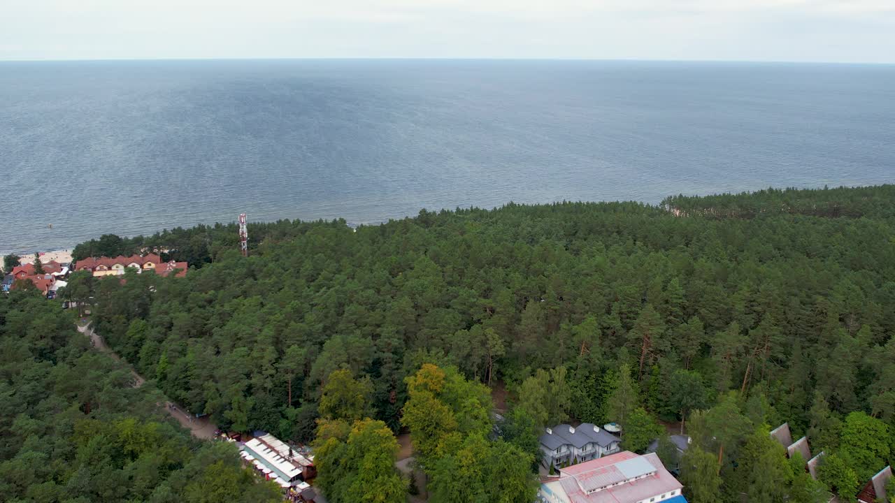 空中-斯蒂格纳-波罗的海海湾上的城镇景观-自然地位于海滨树木之间的建筑物-波兰一个受欢迎的海滨景观视频素材