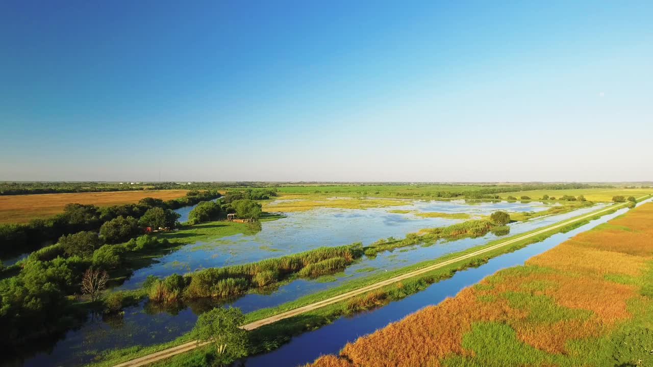 航拍的泥路在河流和树木对蓝天-海湾，路易斯安那州视频素材