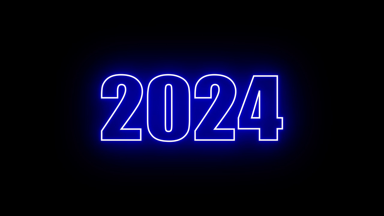 2024年新年快乐动画文字2024年新年蓝色霓虹视频素材