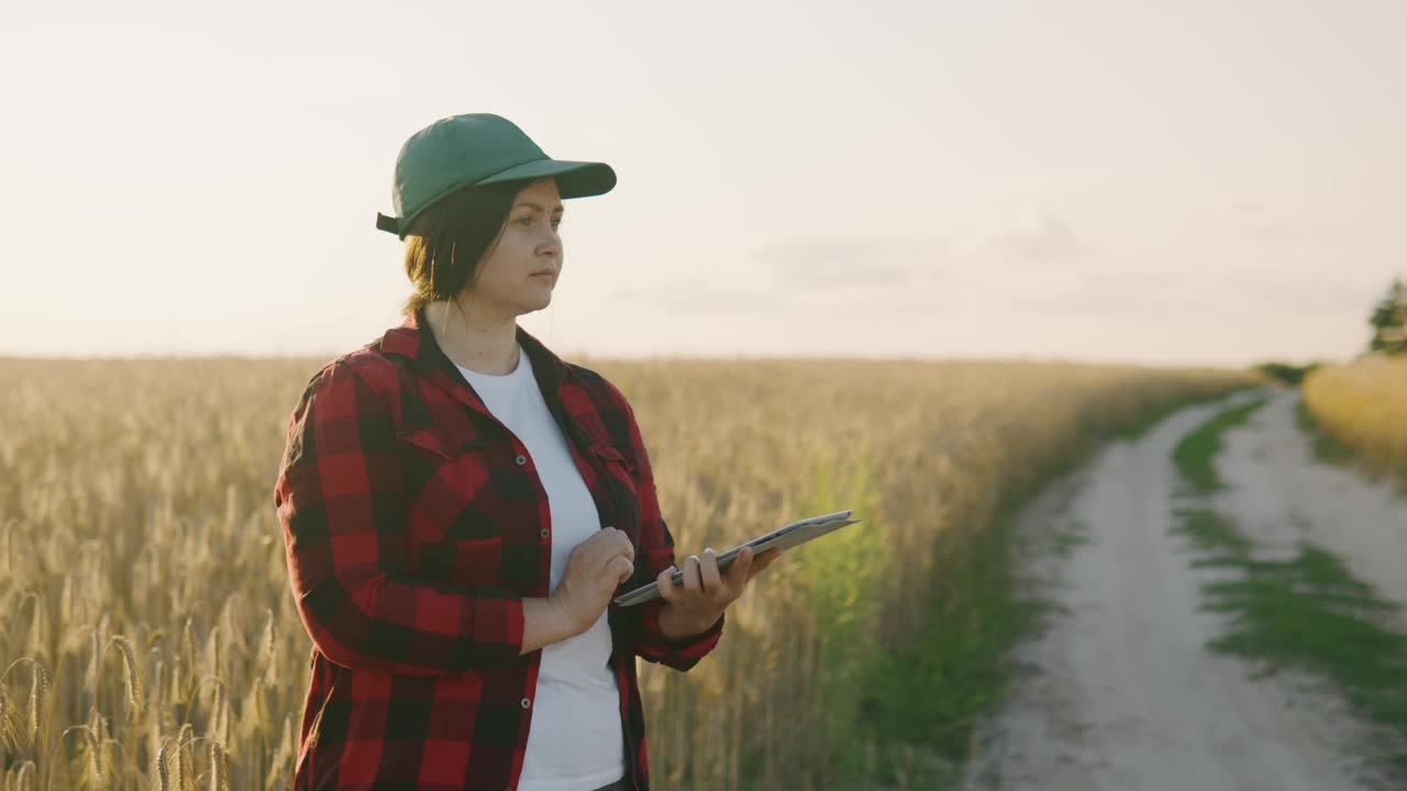 一位戴着帽子在田里拿着写字板干活的女农民的画像视频素材