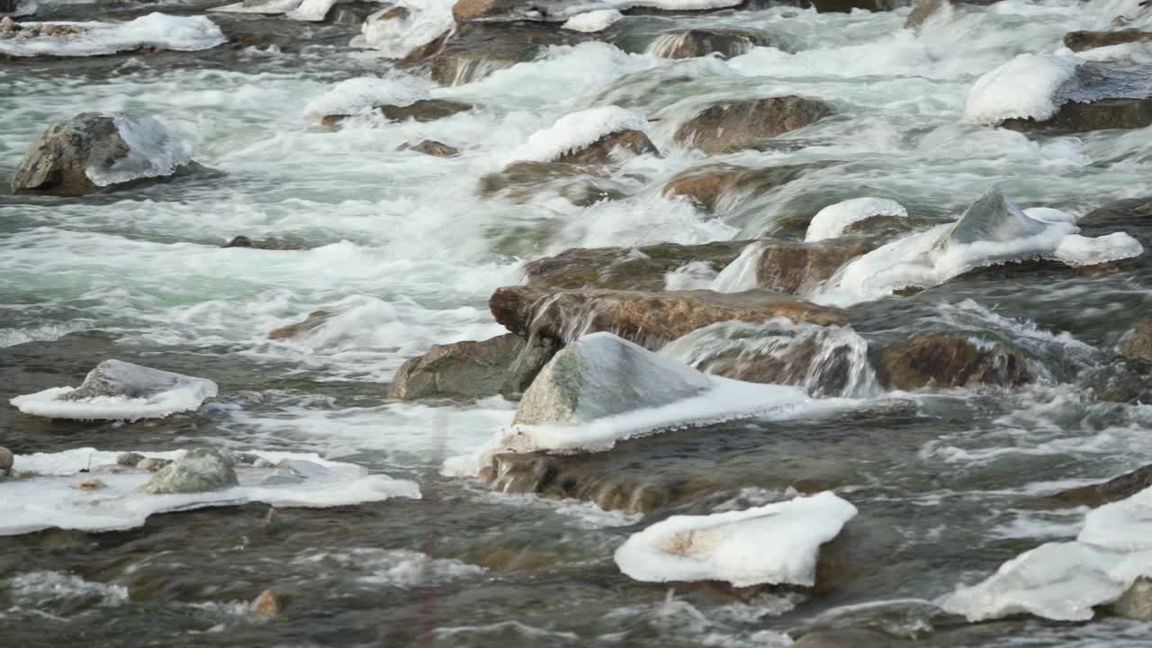 冬天河水流过冰雪覆盖的石头，特写细节视频素材