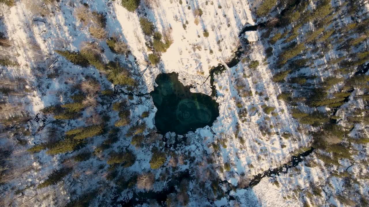 一个被冬季森林包围的无冰湖的美丽景观。间歇泉湖是阿尔泰山的著名景点。西伯利亚,俄罗斯。俯视图，鸟瞰图视频下载