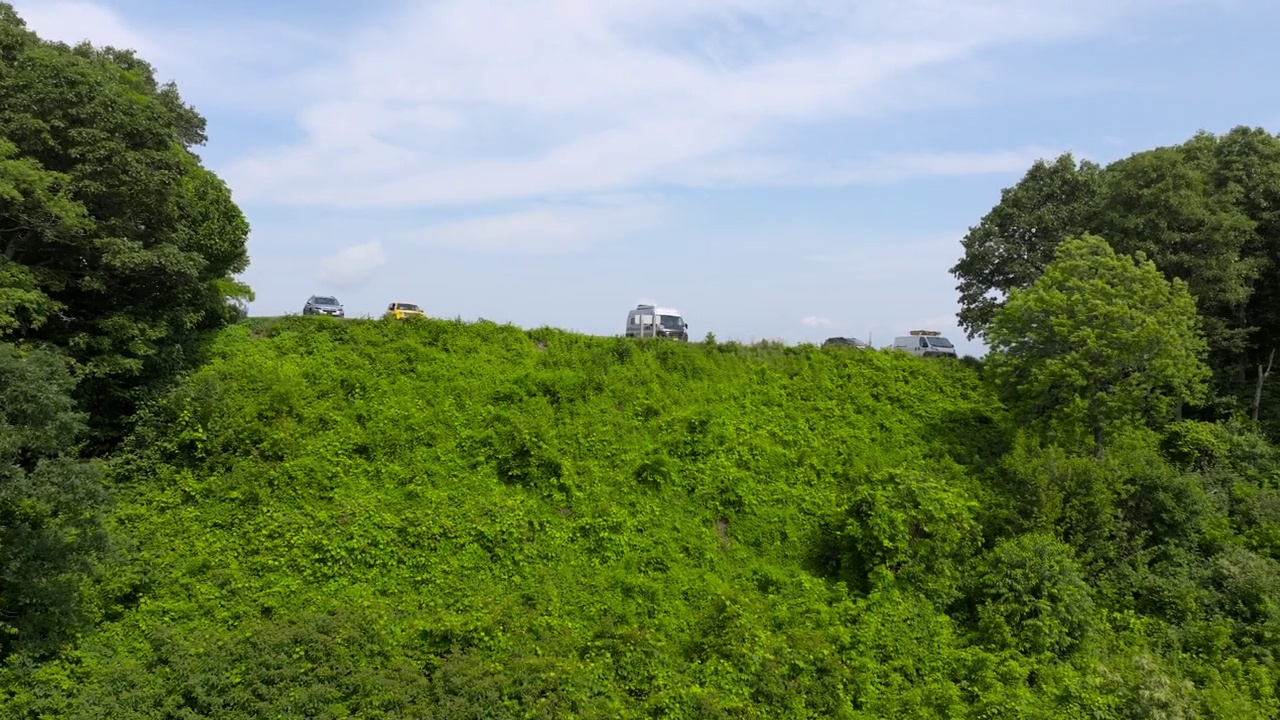 美国，阿巴拉契亚山脉上空的无人机镜头和蓝岭公路上停放的汽车视频素材