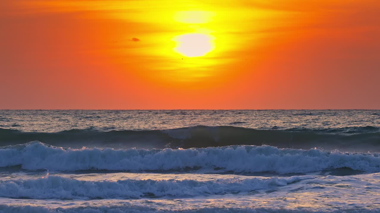 美丽的海洋日出与飞禽在海上地平线和波浪视频素材