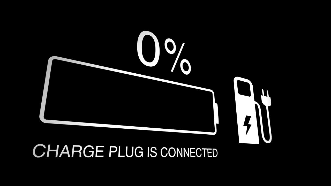电动汽车电池电量指示器显示电池电量从零增加到100%。替代能源。视频素材