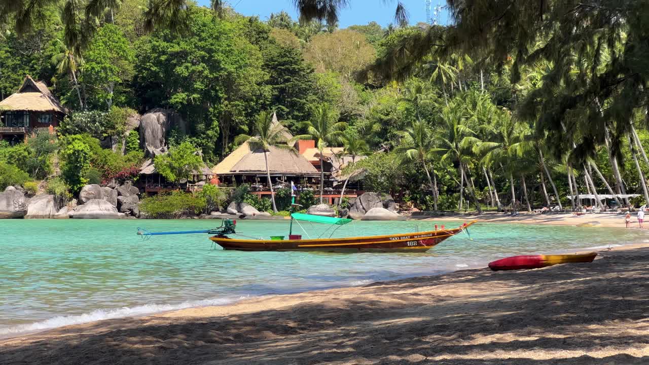 美丽的海岸景观，棕榈树和船在蓝绿色的海水视频素材