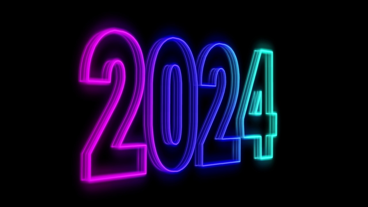 新年快乐2024发光动画文字新年美丽优雅多彩的霓虹灯2024视频素材