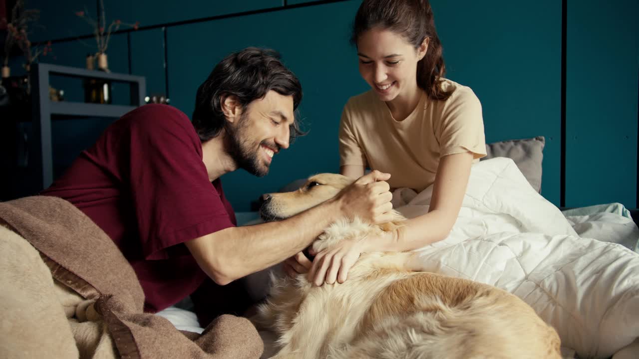 一个黑发女人和一个黑发女人靠在绿松石色的墙上抚摸着床上的一只狗。和你的宠物在家里玩视频素材