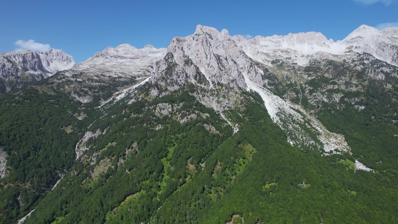 雄伟的阿尔巴尼亚阿尔卑斯山:史诗般的山脉与岩石山峰和郁郁葱葱的森林斜坡-一个令人惊叹的自然景观视频素材