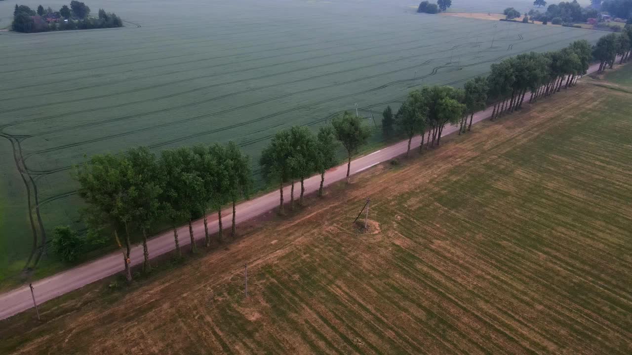 在一个多云的夜晚，无人机拍摄了一片宽阔的绿色耕地，旁边是道路和树木视频素材