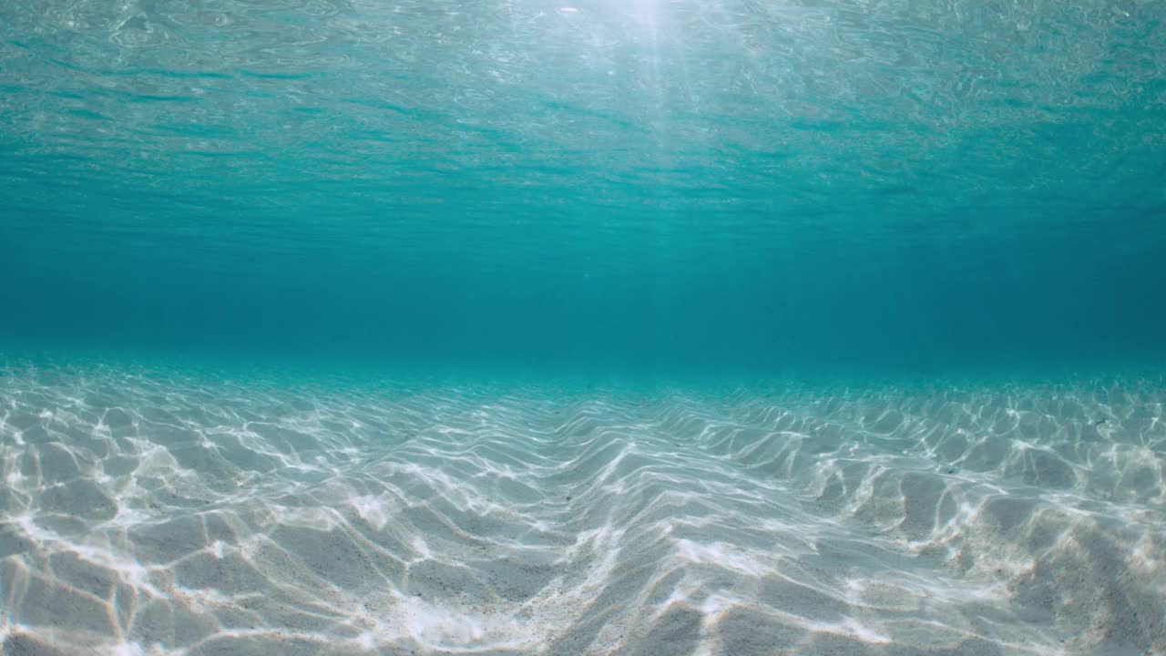 透明的绿松石海洋与沙质海底和阳光在巴哈马群岛。水下视图视频素材