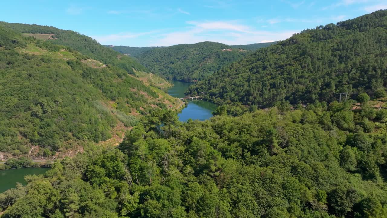 在西班牙加利西亚的里贝拉萨克拉葡萄园，森林山脉揭示了Belesar村。无人机航拍视频素材