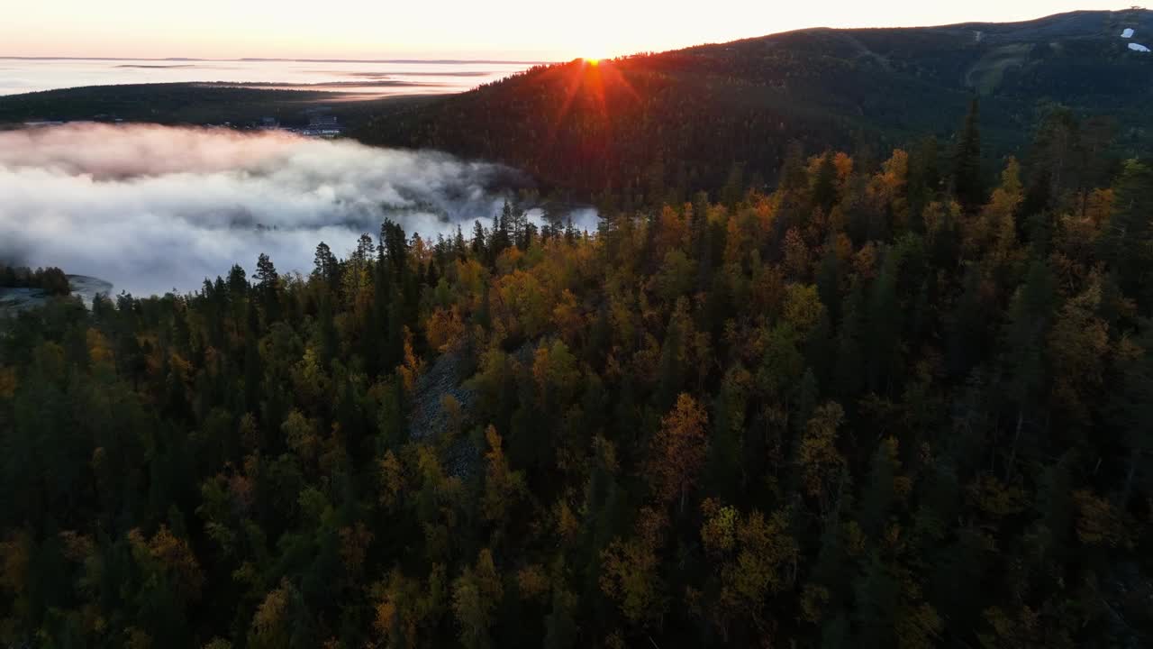 低空鸟瞰秋天的森林，露出利瓦伊的山坡，拉普兰的日出视频素材