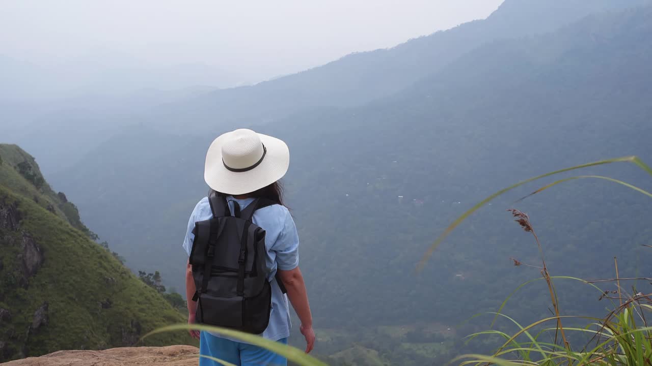 后视图的徒步旅行者与手臂举起享受大风天在山上视频素材