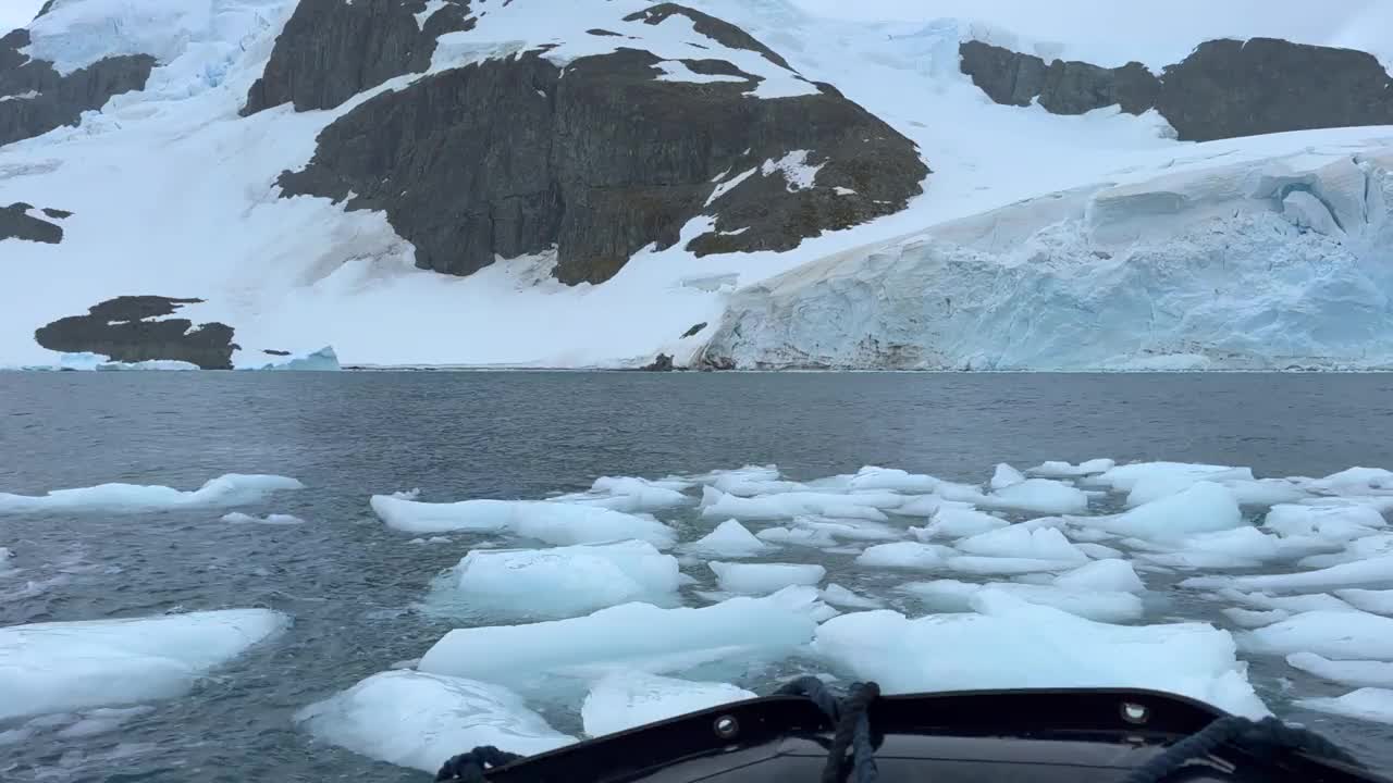 南极海船经过冰川和浮冰视频素材