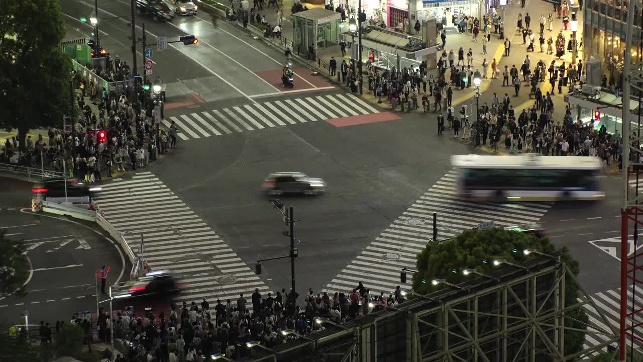 东京，日本:夜间涩谷十字路口的航拍延时图。视频素材